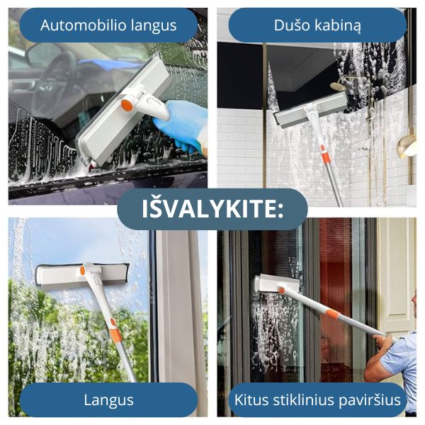 Langų valymo įrankis su teleskopine rankena – švarūs langai be kopėčių ir be dryžių