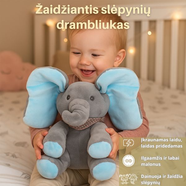 Interaktyvus dainuojantis drambliukas su plazdančiomis ausimis – linksmas mokymasis ir jaukus žaidimas