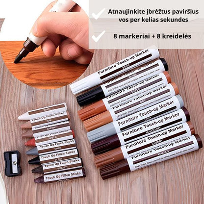 Medinių paviršių atnaujinimo rinkinys – greitas remontas be dažymo (rinkinį sudaro 8 skirtingų spalvų žymekliai ir 8 vaškines kreideles)