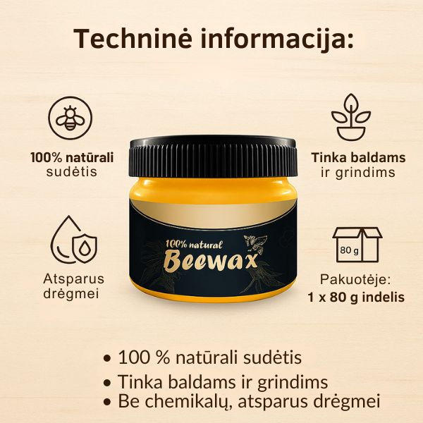 Baldų poliravimo vaškas su natūraliu bičių vašku – atnaujina, saugo ir suteikia blizgesio be chemikalų