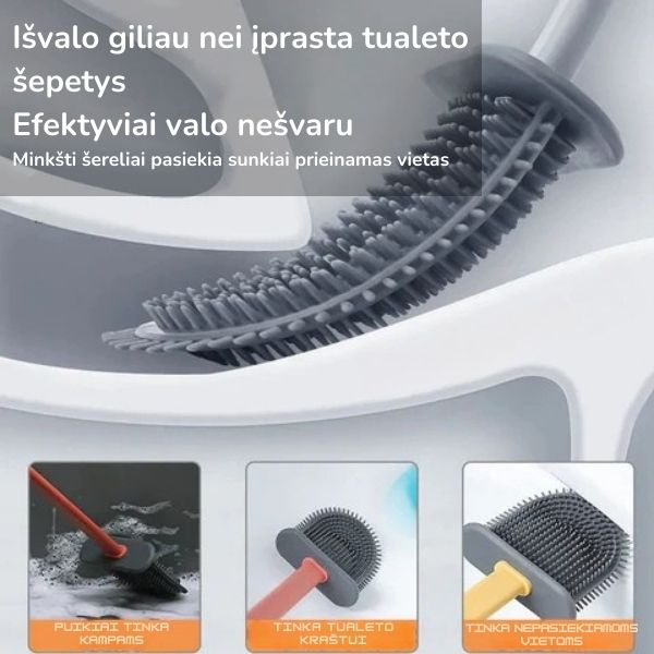 Silikoninis tualeto šepetys sunkiai prieinamoms vietoms su laikikliu