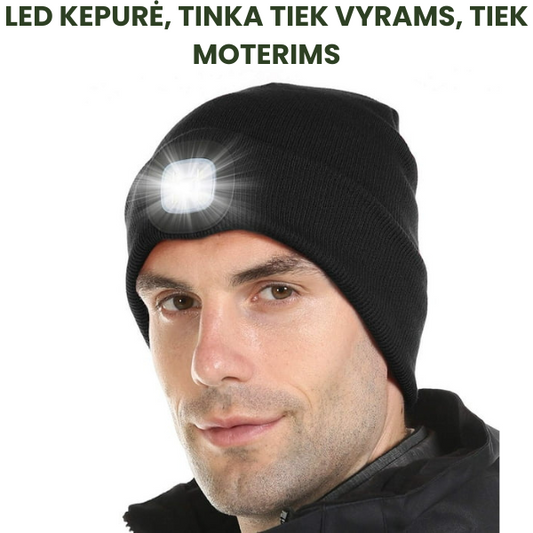Megzta žieminė kepurė su itin stipriai šviečiančia ir įkraunama LED lempute