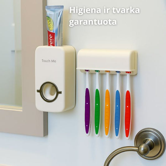 Automatinis dantų pastos dozatorius su šepetėlių laikikliu – tvarka ir higiena kiekvieną dieną