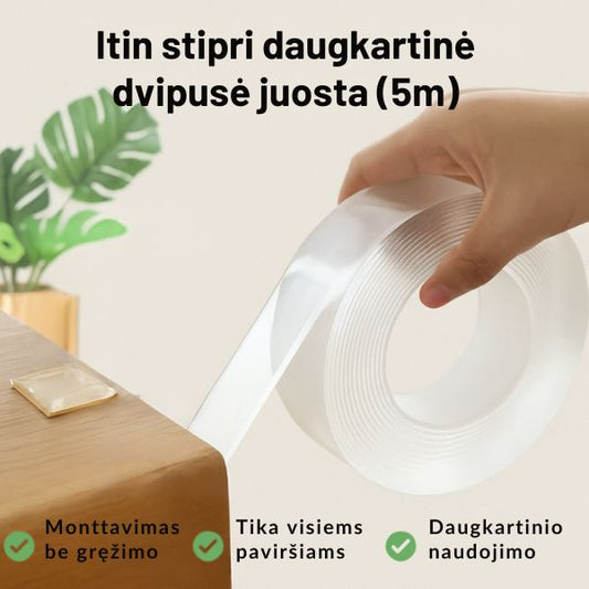 Daugkartinė itin stipri dvipusė skaidri lipni juosta – stiprus tvirtinimas be gręžimo ir vargo (5 m.)