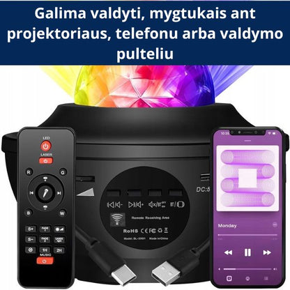 LED žvaigždžių projektorius su muzika ir nuotolinio valdymo pultu – magiškas dangus jūsų kambaryje