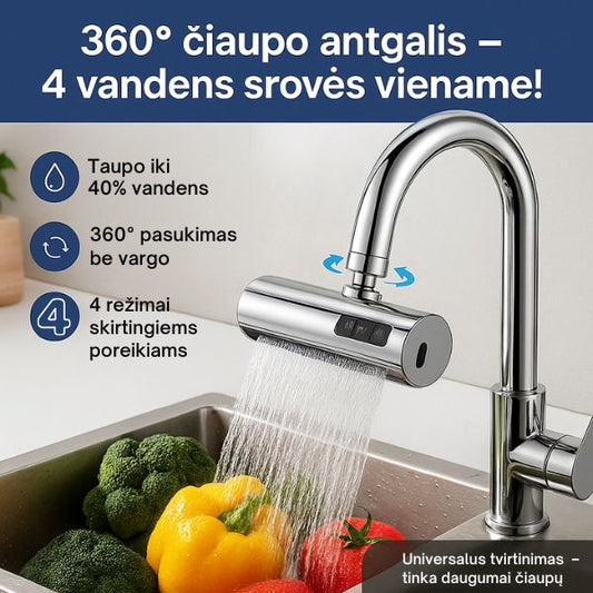 360° pasukamas čiaupo antgalis su 4 purškimo režimais – taupesnis ir galingesnis plovimas