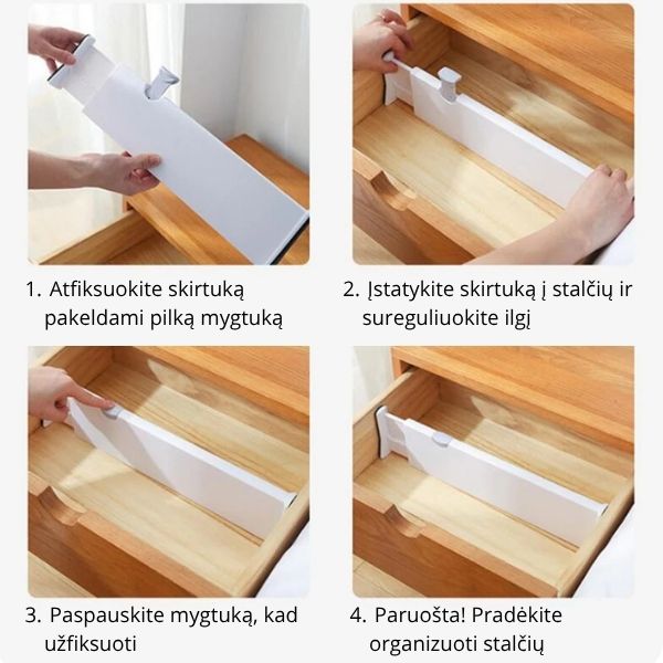 Reguliuojama stalčių pertvara – tobula tvarka namuose