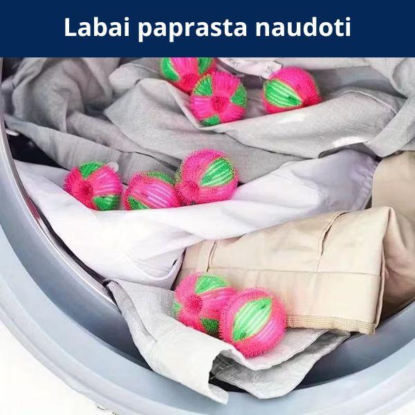 Daugkartiniai skalbimo kamuoliukai pūkams ir plaukams surinkti – švaresni drabužiai po kiekvieno skalbimo (pakuotėje 6 vienetai)