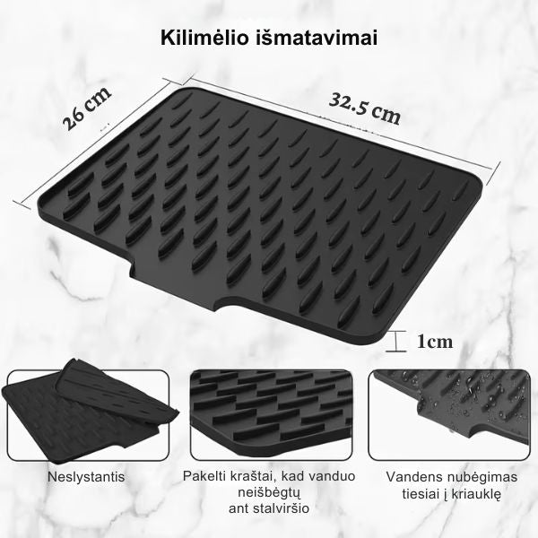 Silikoninis indų džiovinimo kilimėlis su drenažu – sausa ir tvarkinga kriauklė be vargo