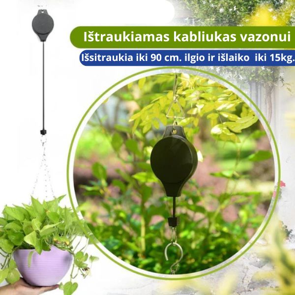 Ištraukiamas vazono kabliukas su dirželiu lengvesniam laistymui