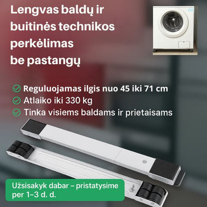 Reguliuojamos baldų perkėlimo platformos – lengvas sunkių daiktų perstūmimas be pastangų