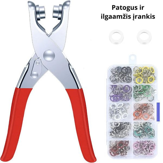Sagų montavimo rinkinys (Rinkinį sudaro replės + spalvotos metalinės sagos 80 vnt.)