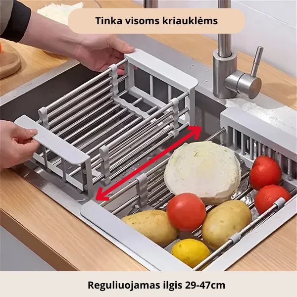 Reguliuojamas virtuvės kriauklės laikiklis ir nusausinimo stovas