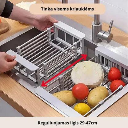 Reguliuojamas virtuvės kriauklės laikiklis ir nusausinimo stovas