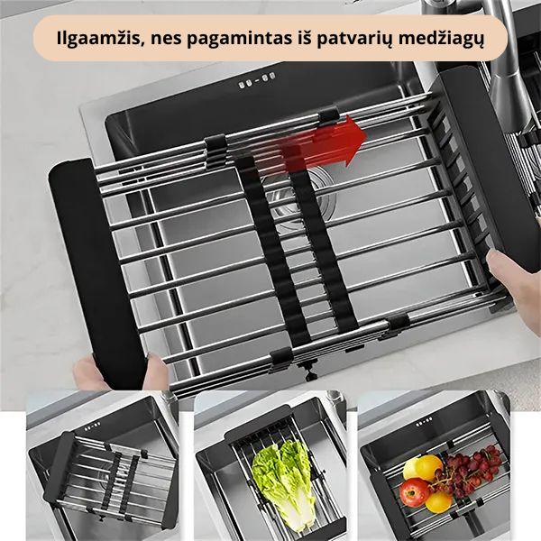 Reguliuojamas virtuvės kriauklės laikiklis ir nusausinimo stovas