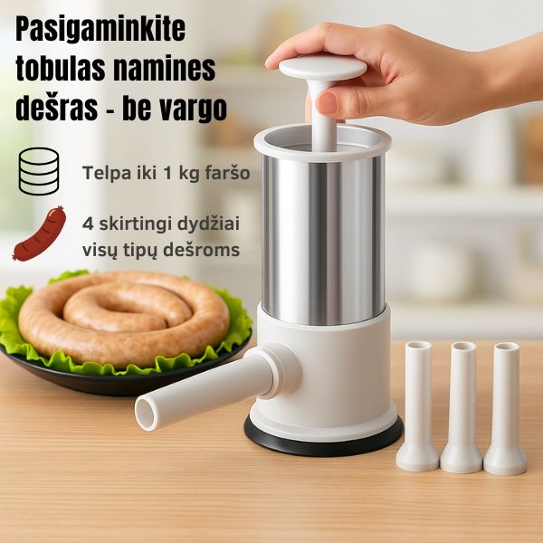 Rankinis dešrų kimštuvas su 4 antgaliais – lengvas būdas pasigaminti tobulas namines dešras