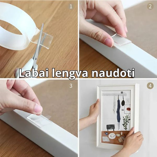 Daugkartinė itin stipri dvipusė skaidri lipni juosta – stiprus tvirtinimas be gręžimo (3 m)