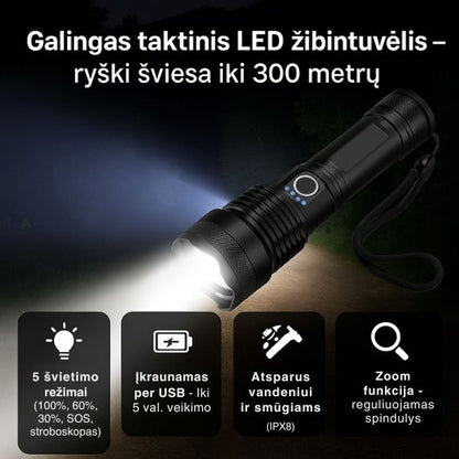 Taktinis LED žibintuvėlis – itin galinga šviesa visoms situacijoms