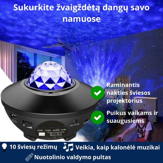 LED žvaigždžių projektorius su muzika ir nuotolinio valdymo pultu – magiškas dangus jūsų kambaryje