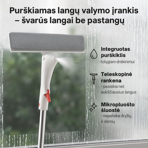 Langų valymo įrankis su teleskopine rankena – švarūs langai be kopėčių ir be dryžių