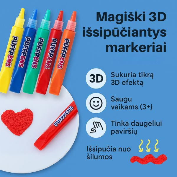 Magiški 3D išsipūčiantys markeriai vaikams – kūryba virs tikru 3D menu