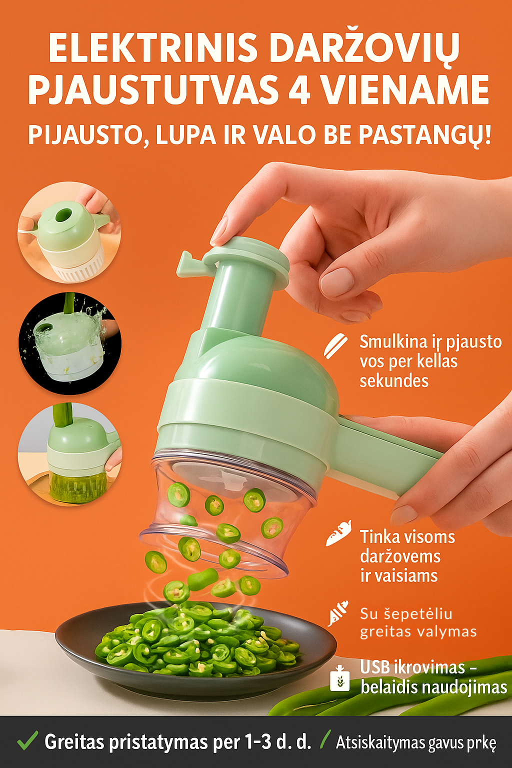 Elektrinis daržovių pjaustytuvas 4 viename – greitas pjaustymas ir smulkinimas be pastangų