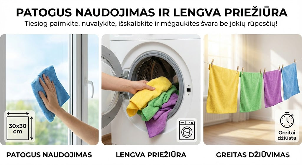 Universalios mikropluošto šluostės (12 vnt.) – krištolinė švara be chemijos ir pastangų
