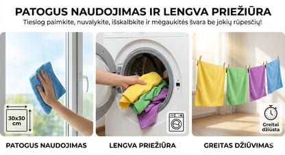 Universalios mikropluošto šluostės (12 vnt.) – krištolinė švara be chemijos ir pastangų