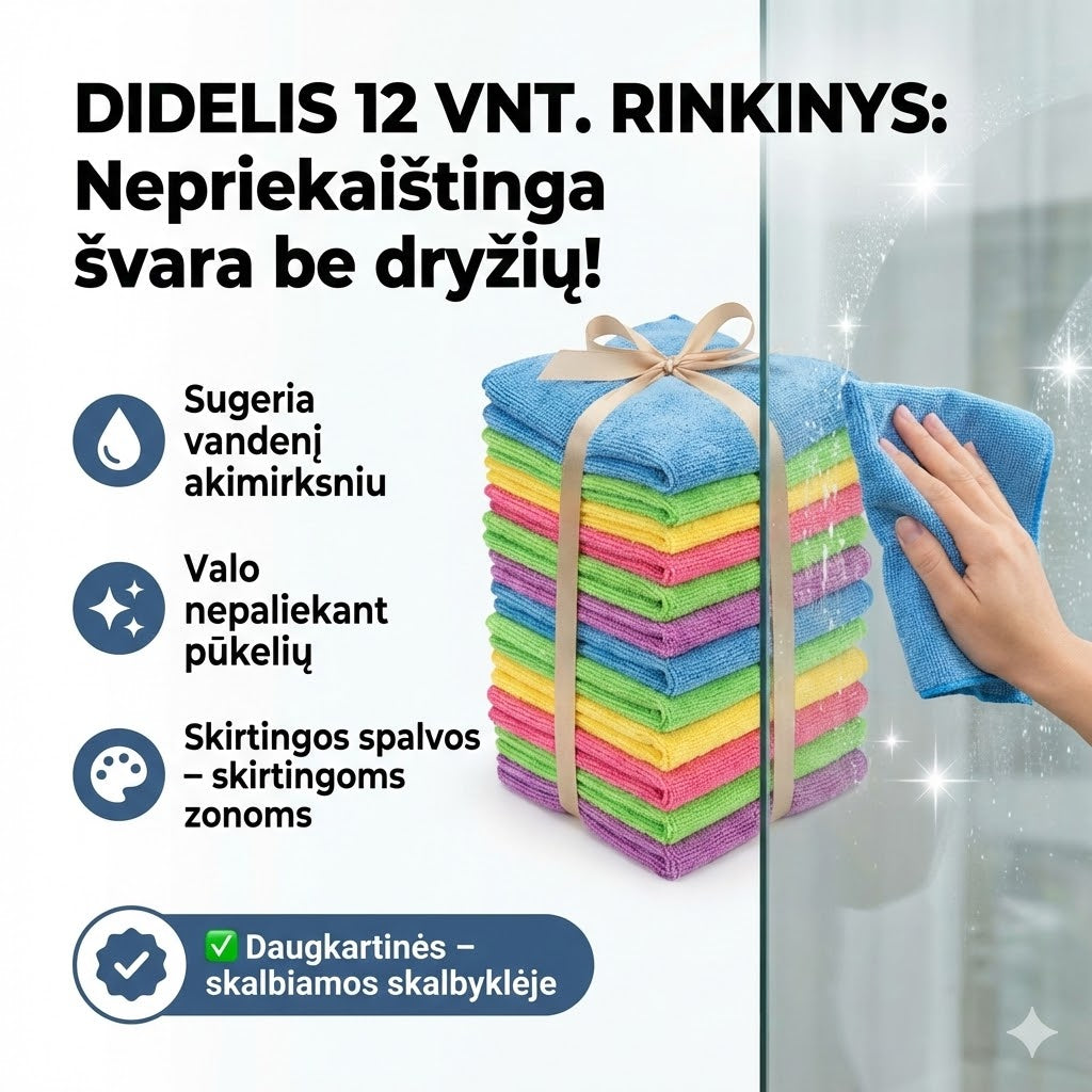 Universalios mikropluošto šluostės (12 vnt.) – krištolinė švara be chemijos ir pastangų
