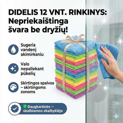 Universalios mikropluošto šluostės (12 vnt.) – krištolinė švara be chemijos ir pastangų
