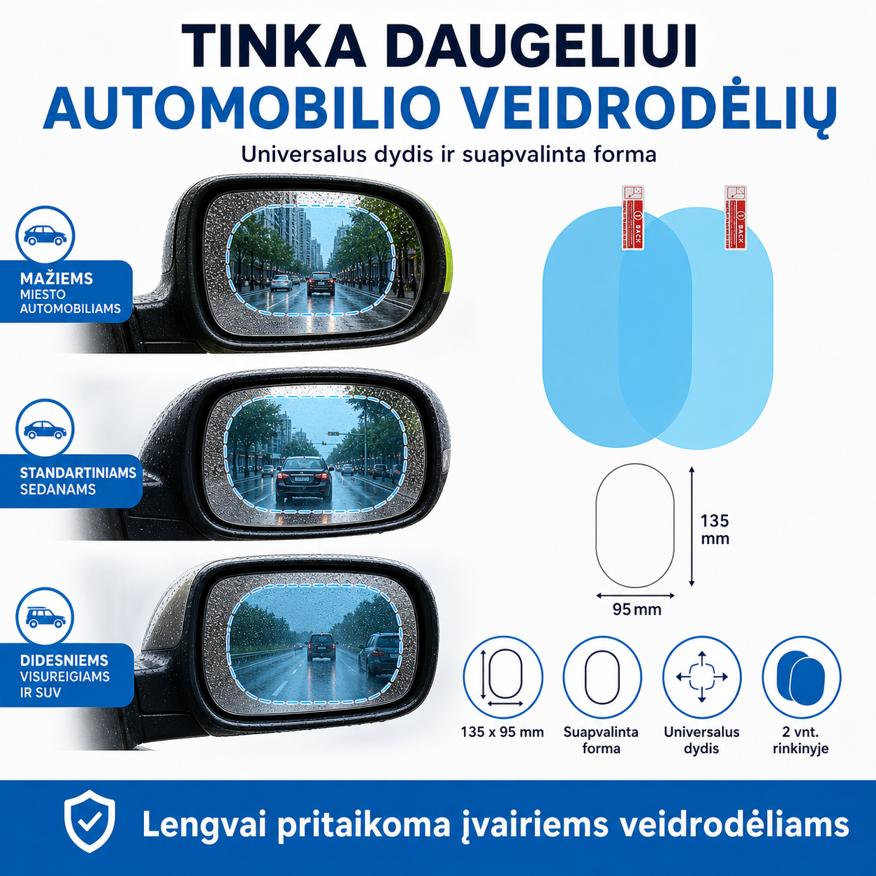 Automobilio veidrodėlių plėvelės nuo rasojimo 2 vnt. – aiškesnis vaizdas lyjant