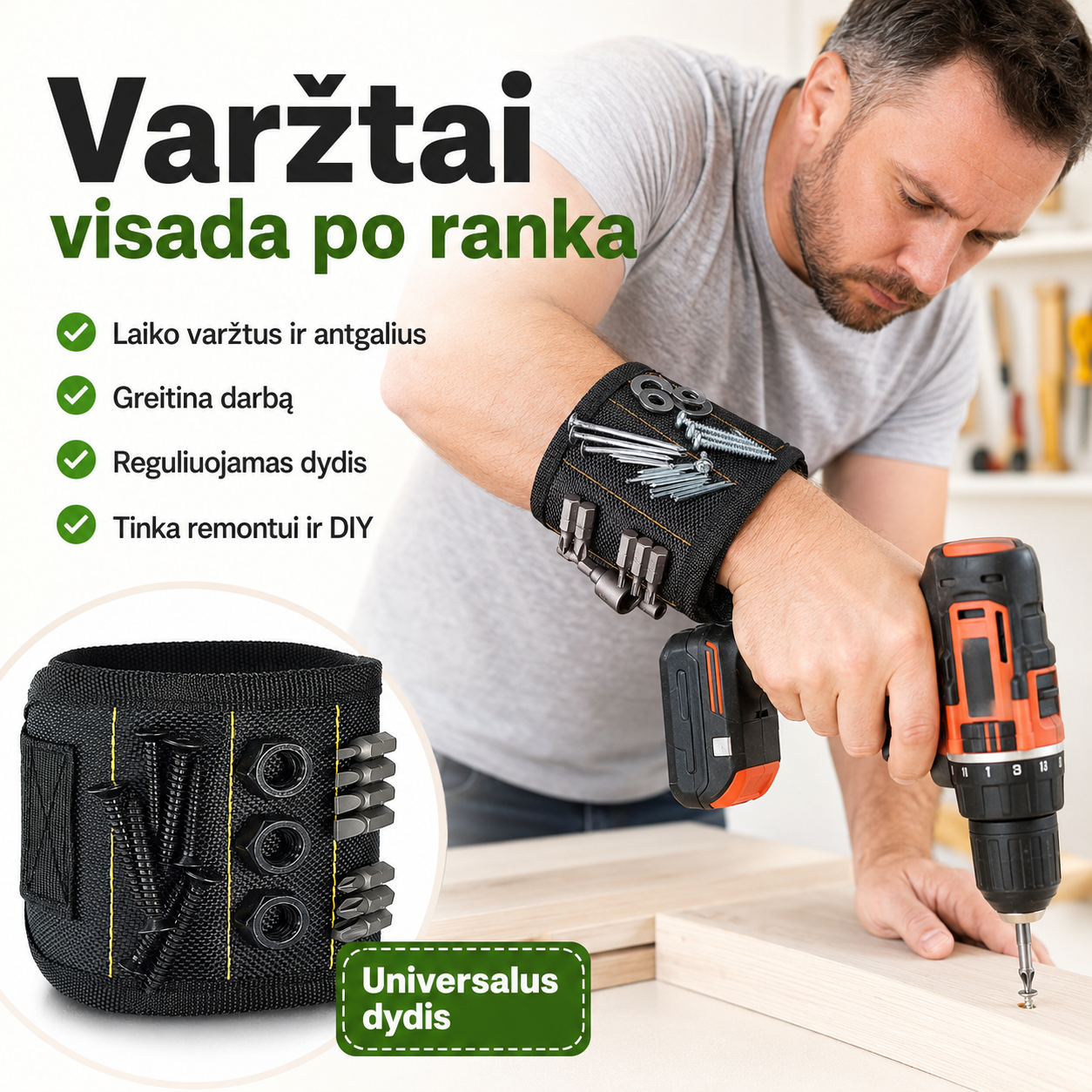 Magnetinė apyrankė varžtams laikyti (reguliuojamas dydis)
