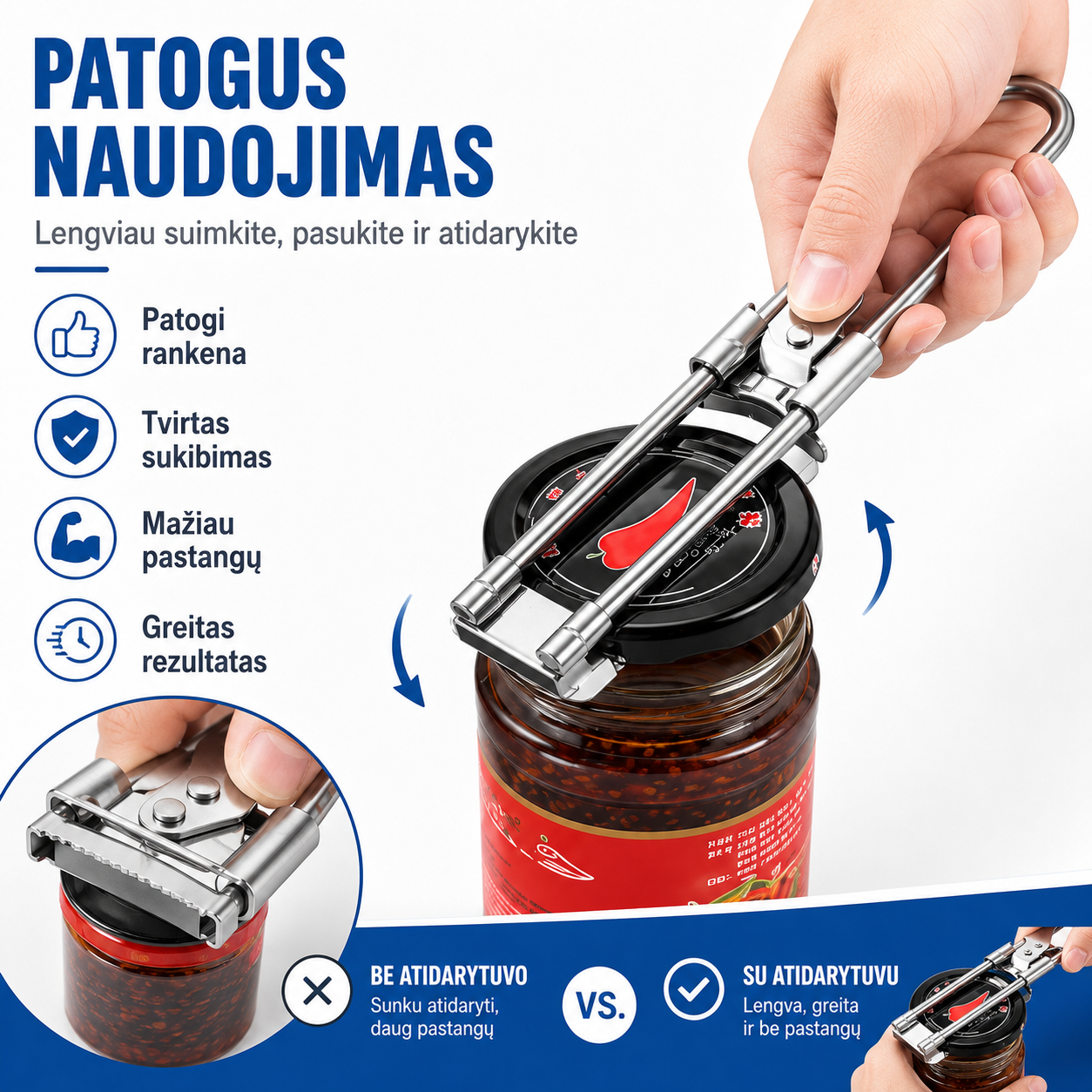 Reguliuojamas stiklainių ir butelių atidarytuvas – lengvas atidarymas be pastangų