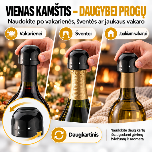 Daugkartinis butelių kamštis, kuris tinka ant visų butelių