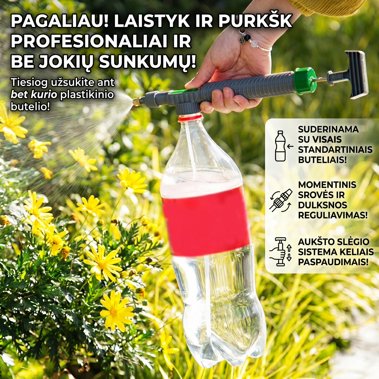 Universalus aukšto slėgio butelių purkštuvas – patogus augalų laistymas ir tręšimas