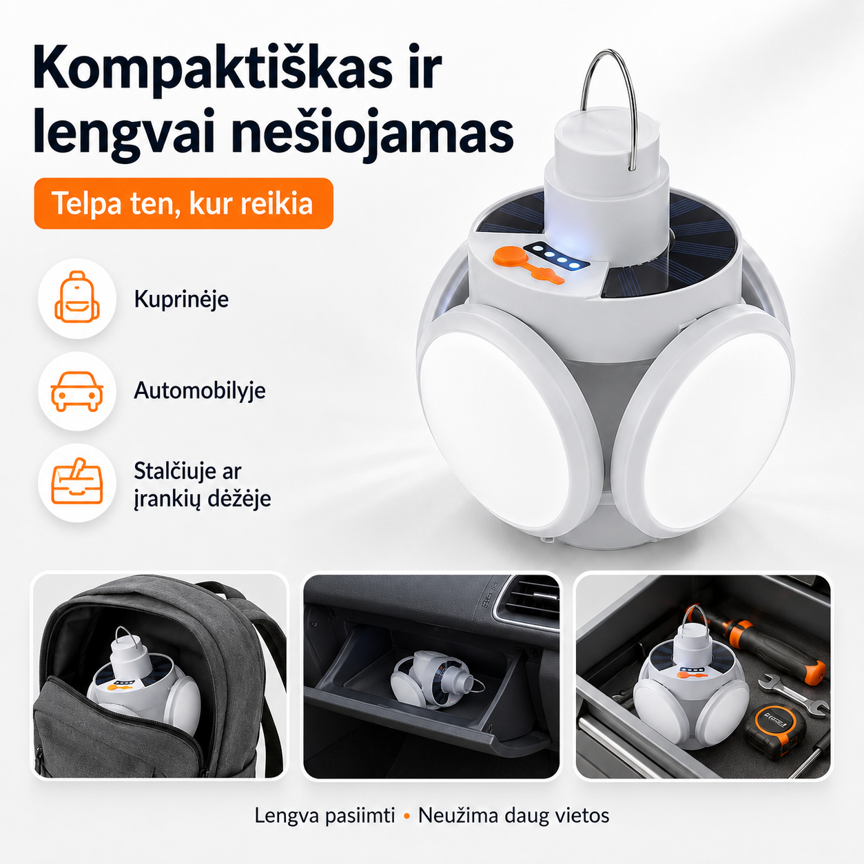 Sulankstomas saulės įkraunamas žibintas 2 viename – šviesa namams, kelionėms ir stovyklavimui