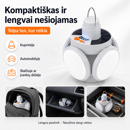 Sulankstomas saulės įkraunamas žibintas 2 viename – šviesa namams, kelionėms ir stovyklavimui