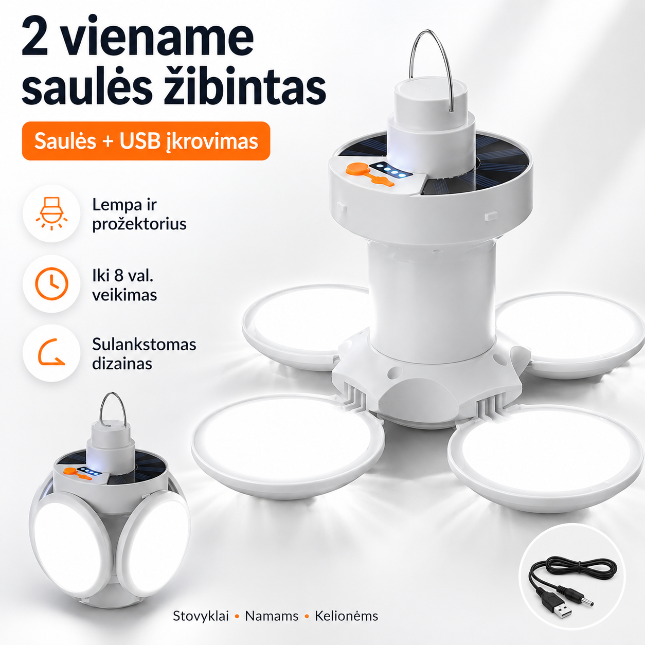 Sulankstomas saulės įkraunamas žibintas 2 viename – šviesa namams, kelionėms ir stovyklavimui