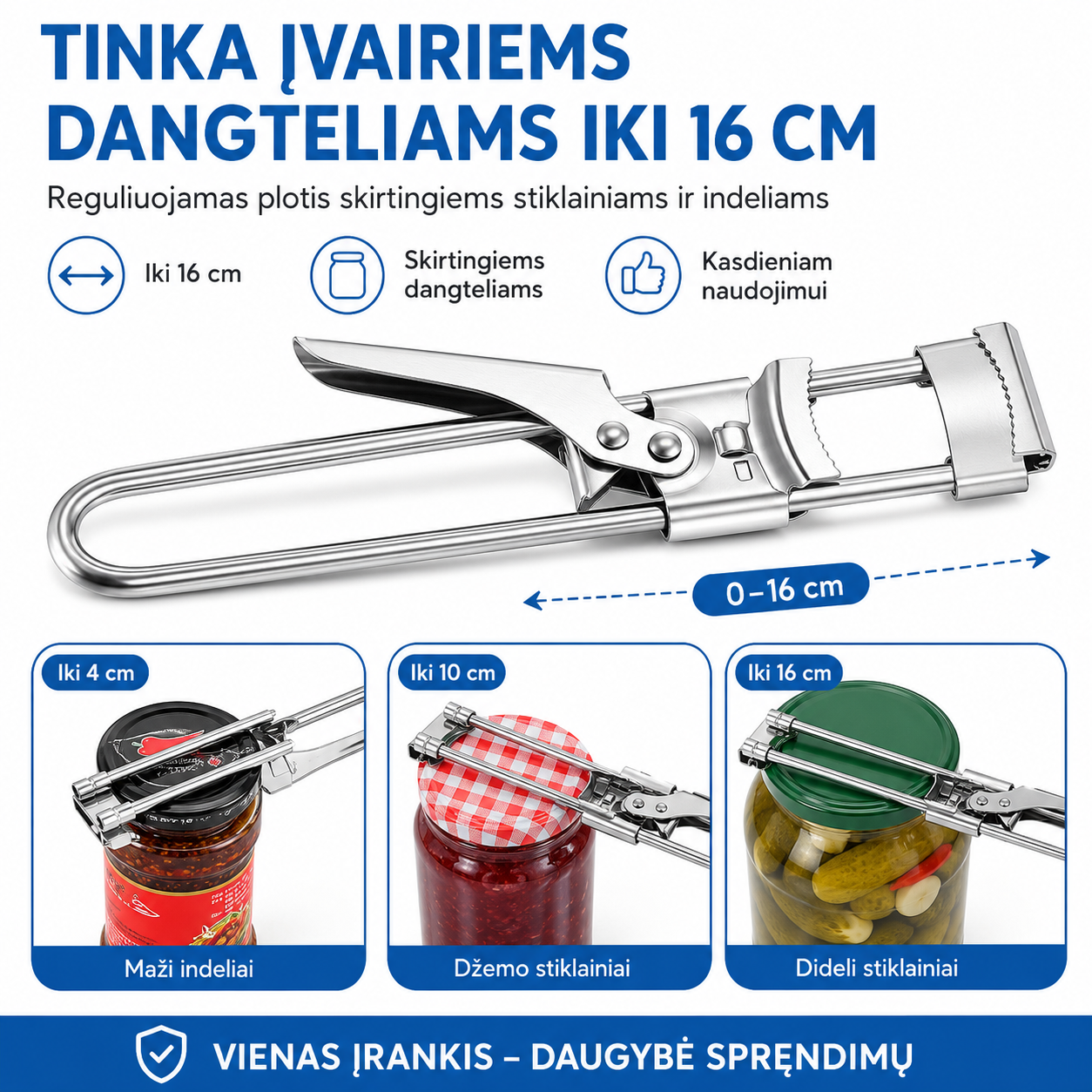 Reguliuojamas stiklainių ir butelių atidarytuvas – lengvas atidarymas be pastangų