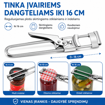 Reguliuojamas stiklainių ir butelių atidarytuvas – lengvas atidarymas be pastangų