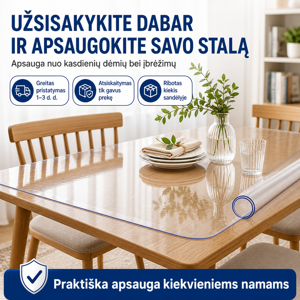 Permatomas PVC stalo uždangalas 90x160 cm – apsauga nuo dėmių ir įbrėžimų