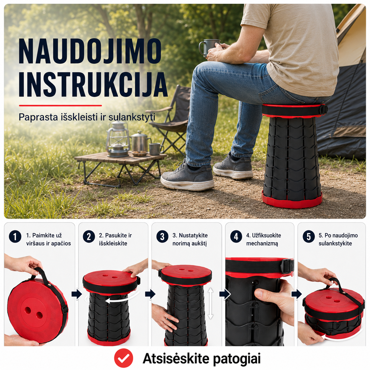 Sulankstoma reguliuojamo aukščio kėdutė – patogi sėdėjimo vieta bet kur