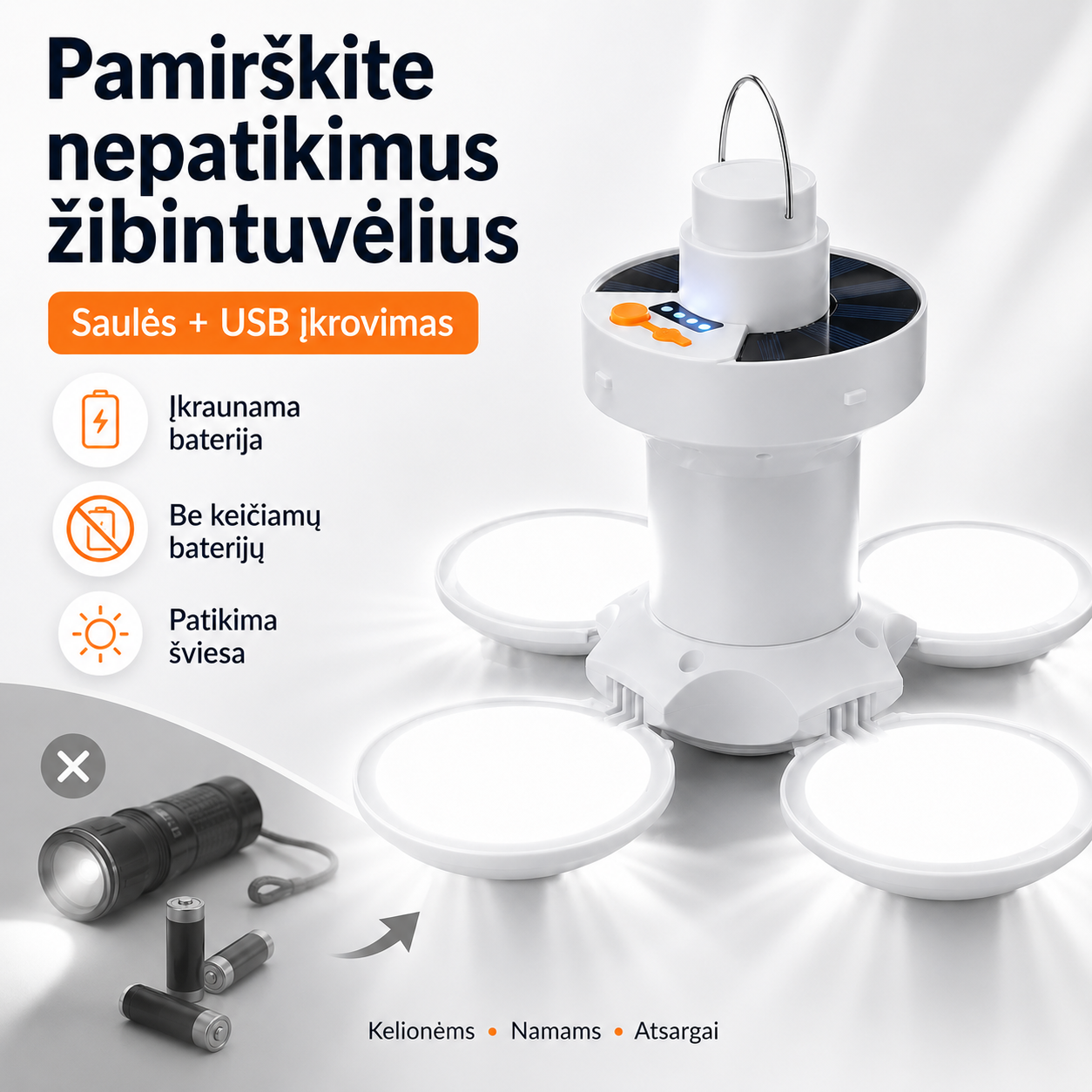 Sulankstomas saulės įkraunamas žibintas 2 viename – šviesa namams, kelionėms ir stovyklavimui