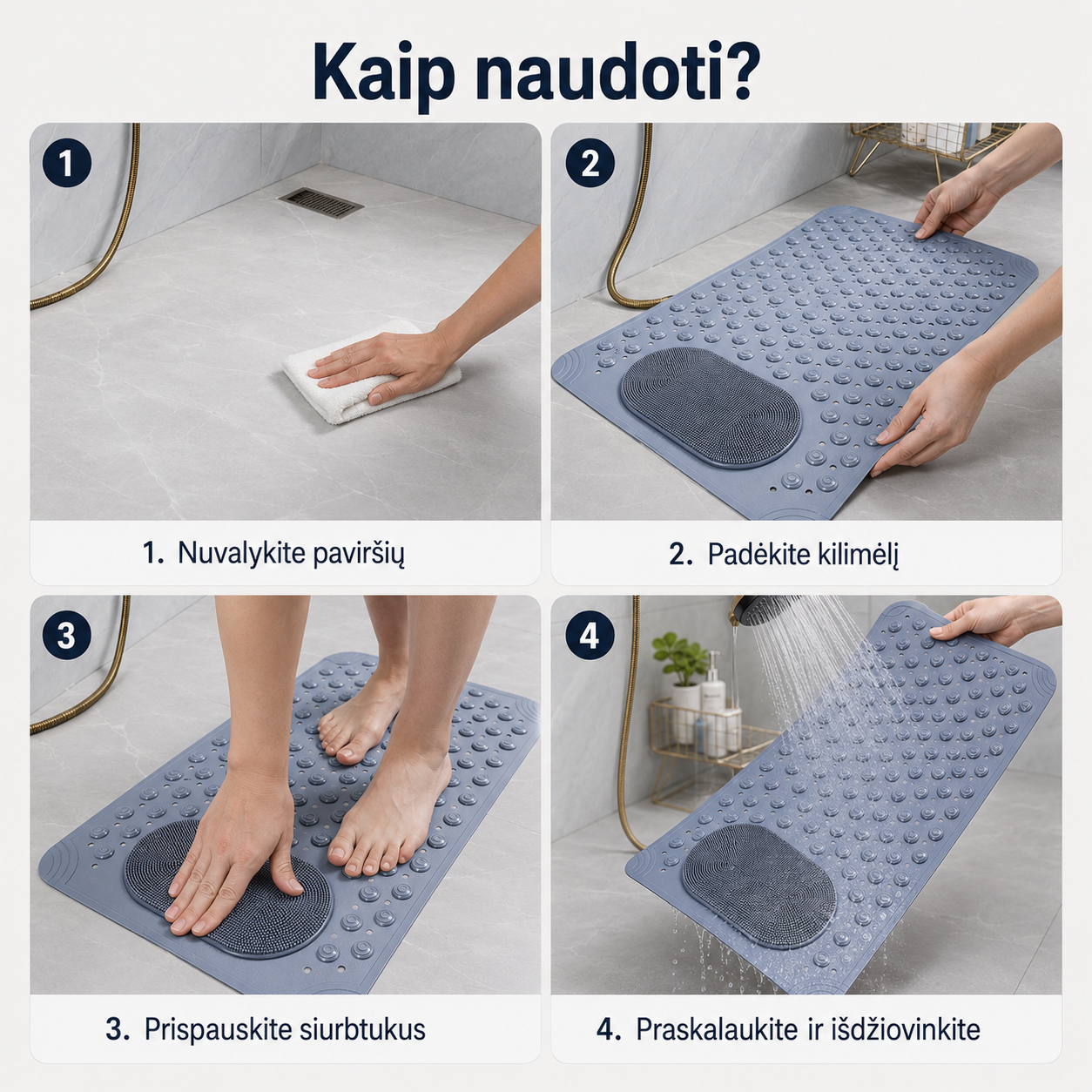 Neslystantis dušo kilimėlis su siurbtukais