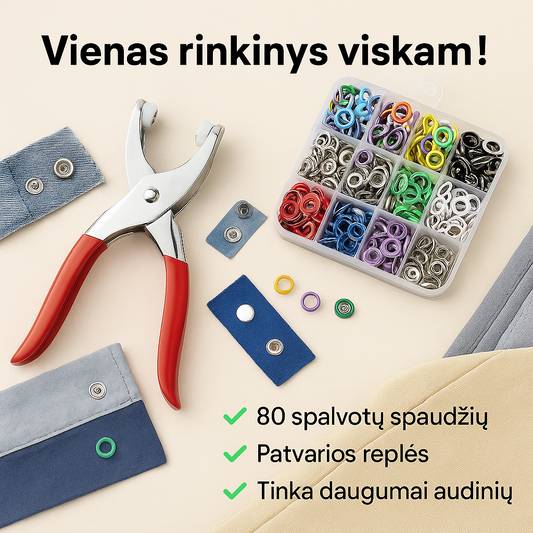Sagų montavimo rinkinys (Rinkinį sudaro replės + spalvotos metalinės sagos 80 vnt.)
