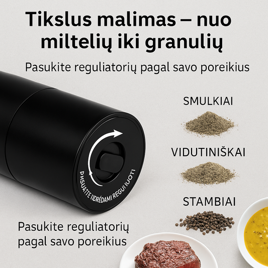 Elektrinis prieskonių ir druskos malūnėlis su LED šviesa – tikslus malimas vienu mygtuko paspaudimu