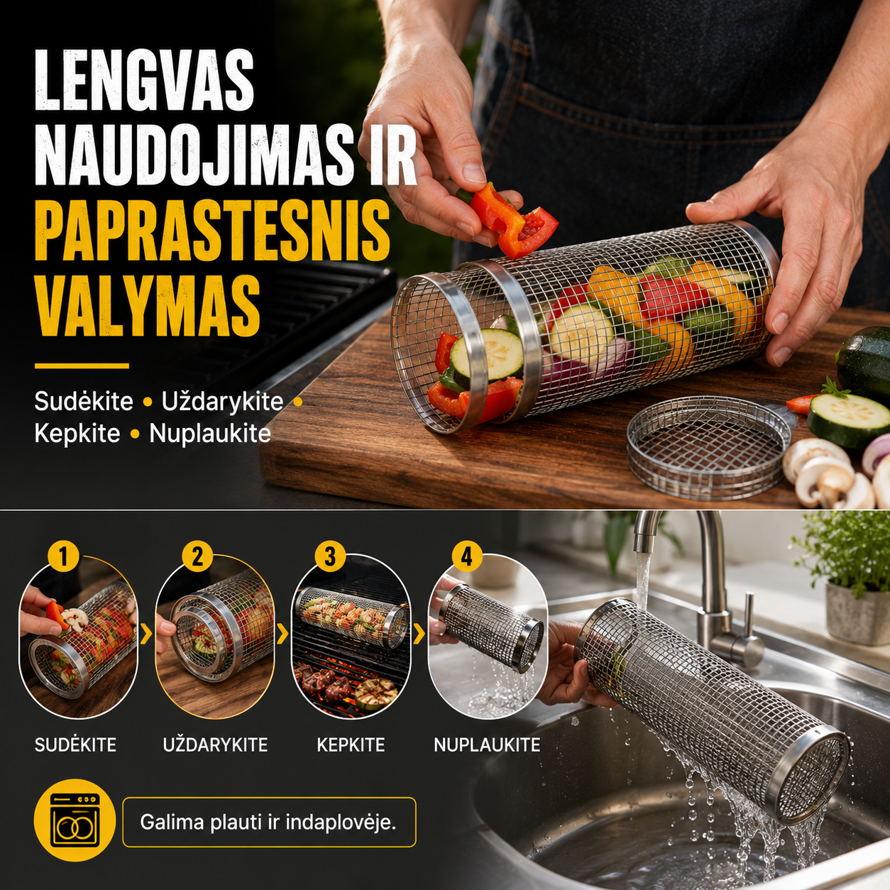 Nerūdijančio plieno grilio krepšelis – patogiam kepimui be maisto kritimo per groteles