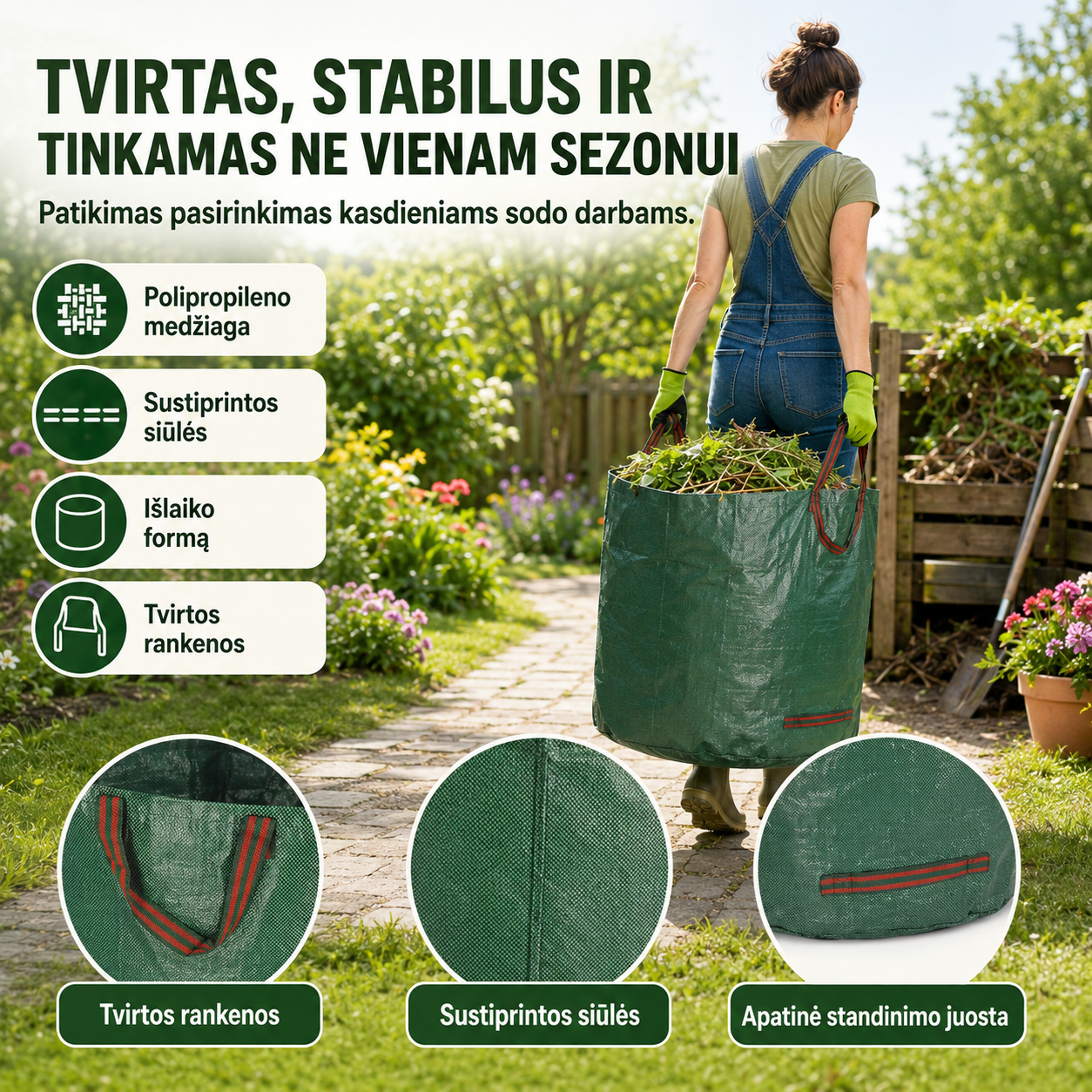 Sulankstomas sodo atliekų maišas 270 l – patogiam lapų, žolės ir šakelių surinkimui