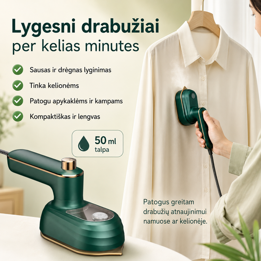 Mini drabužių garinis lygintuvas su sukiojama rankena