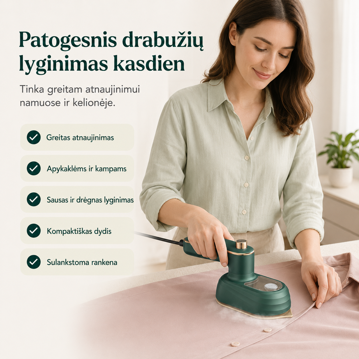 Mini drabužių garinis lygintuvas su sukiojama rankena